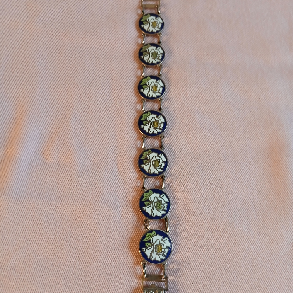 Floral Enamel Vintage Bracelet with Blue and Silver Accents